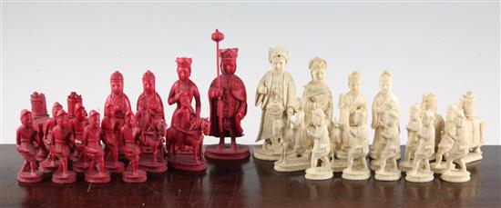 A 19th century Macau carved and stained ivory chess set, king 4.75in., lacks one red pawn
